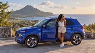 A blue Eazy Importz rental SUV overlooking the coast